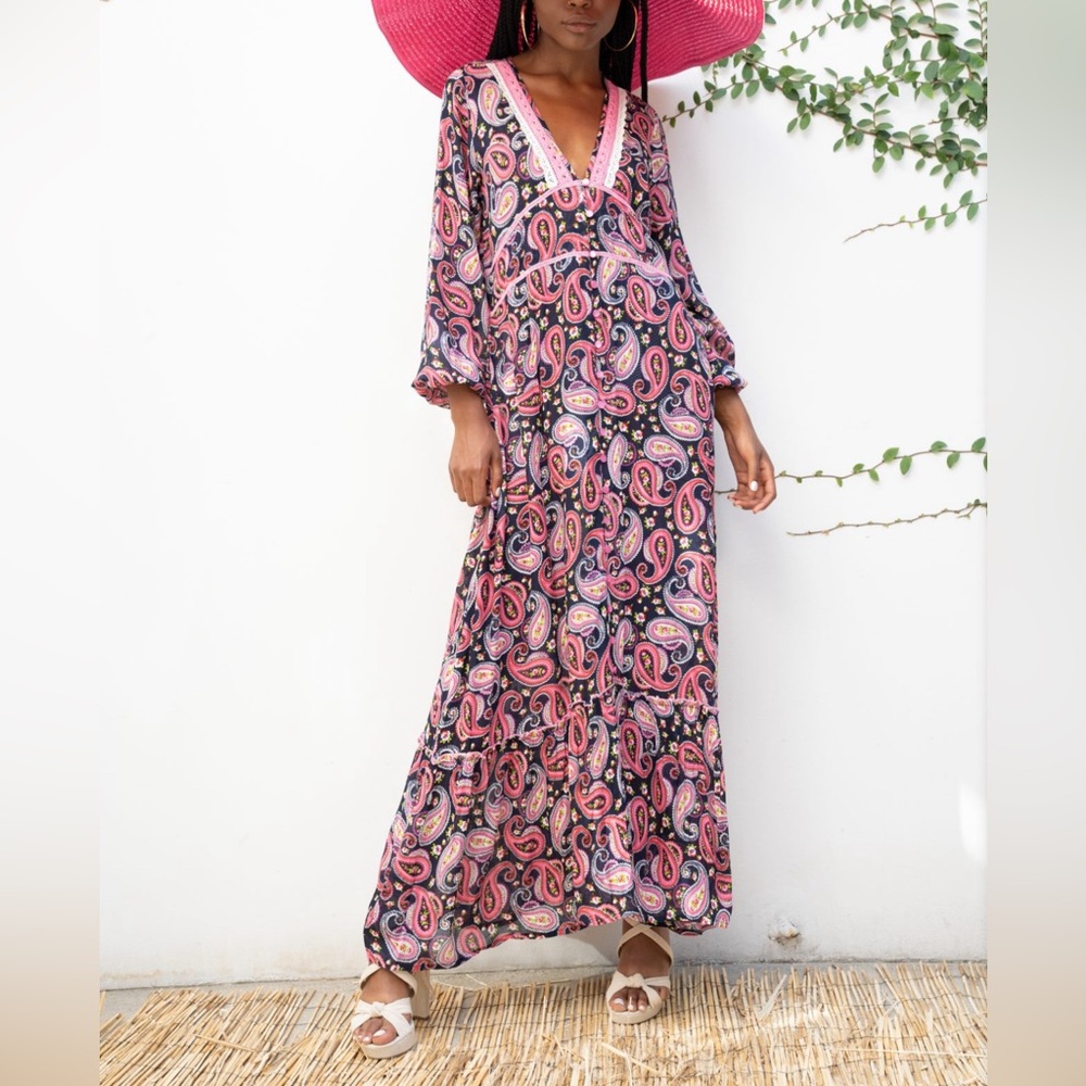 Anthropologie Kitsch & Pop Womens Paisley Maxi Dress Size Medium Button Front